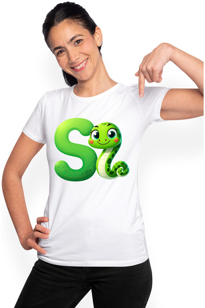 StoryGift Romania Tricou Femei cu un sarpe verde cu litera "S", ilustratie, p...