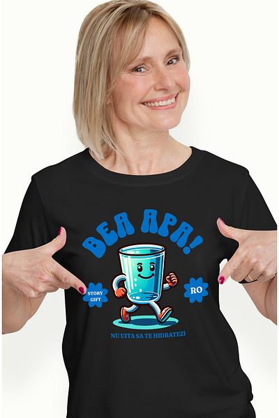 StoryGift Romania Tricou Femei Bea Apa - Nu Uita sa te Hidratezi, cu imprimeu pe Fata, 100% Bumba BLK_XS