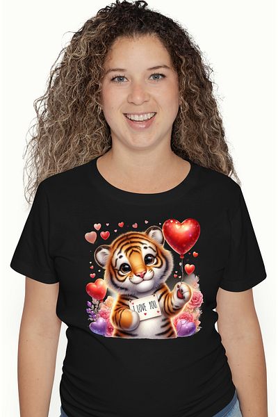 StoryGift Romania Women's T-shirt with tiger cubs with the message "I love you", many hearts, flowers div BLK_L