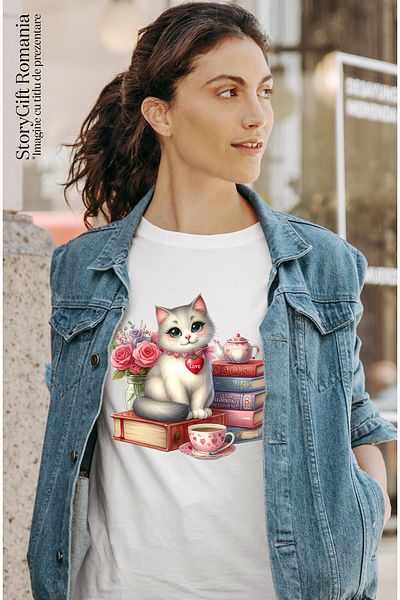 StoryGift Romania Tricou Femei cu o pisicuta vesela, alba, cenusie, teanc cu carti, cafea, flori, WHT_XS