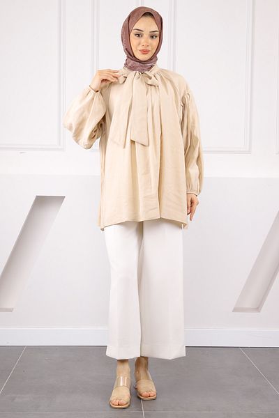 İmajButik Beige Collar Detailed Balloon Sleeve Tunic