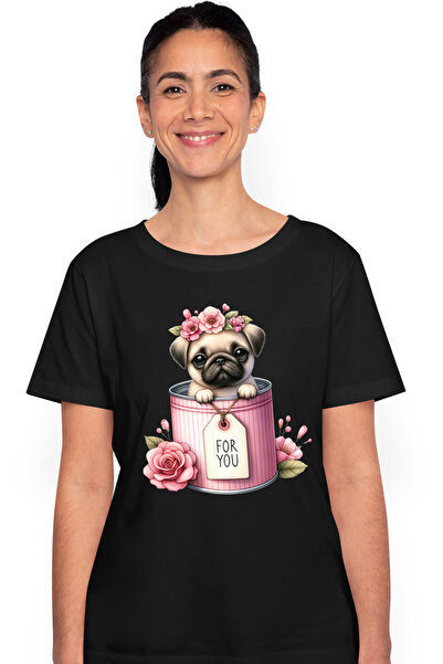 StoryGift Romania Tricou Femei cu un catel Pug care iese dintr-o conserva, ilustratie, flori, mesa BLK_L