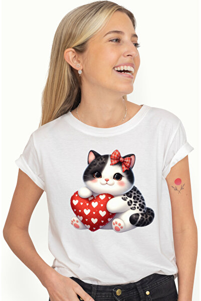 StoryGift Romania Tricou Femei cu o pisicuta grasuta care tine o inimioara in...