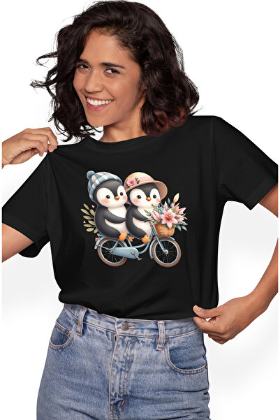 StoryGift Romania Tricou Femei cu 2 pinguini care merg cu bicicleta, ilustratie, plimbare, cosulet BLK_XS