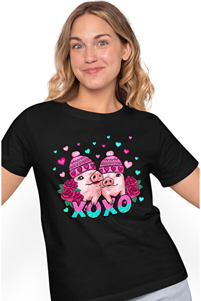 StoryGift Romania Tricou Femei cu 2 purcelusi cu mesajul "xoxo", Valentine's ...