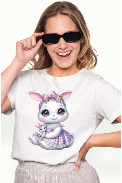 StoryGift Romania Tricou Femei cu o iepuroaica vesela, ilustratie, tine un iepuras, micuta, funda, WHT_XL