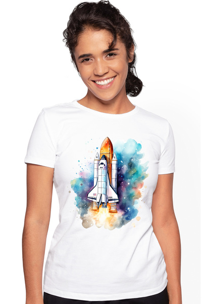 StoryGift Romania Tricou Femei cu o racheta in spatiul cosmic, ilustratie, pete de culoare, galaxi WHT_S