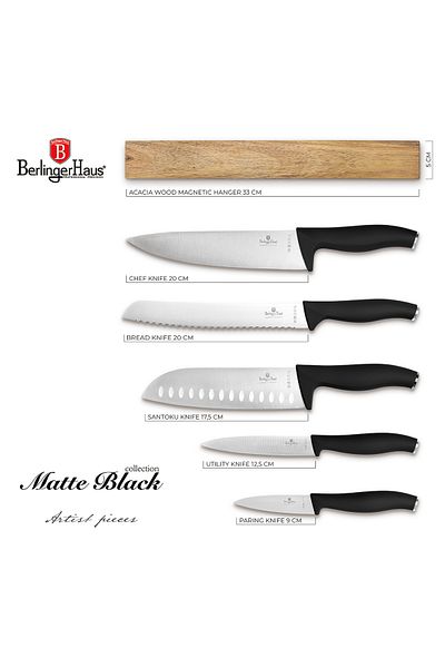 Berlinger Haus Knife Set Acacia Wood Magnetic Holder 6 Pcs Matte Black Collection Stainless Steel
