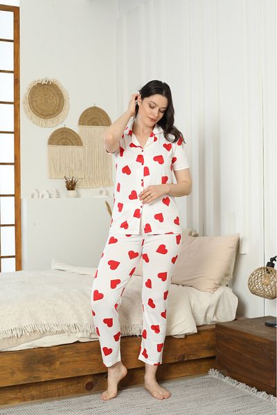 LİLA İÇ GİYİM Women's Milan Buttoned Heart Patterned White Pajama Set