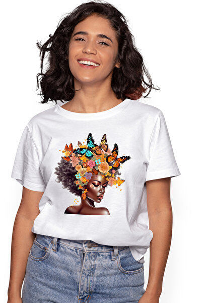 StoryGift Romania Tricou Femei cu o femeie de culoare, draguta, ilustratie, afro, fluturi, florice WHT_XS