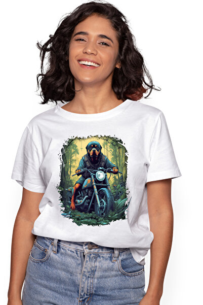 StoryGift Romania Tricou Femei cu un caine Rottweiler care sta pe o motocicle...