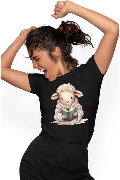 StoryGift Romania Tricou Femei cu o oita imbracata gros care citeste, ilustratie, carte, lectura, BLK_XL