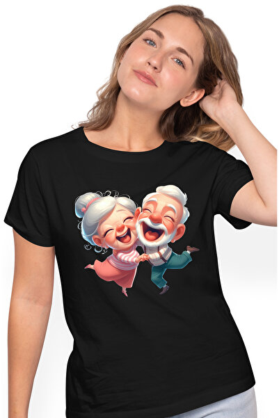 StoryGift Romania Tricou Femei cu o bunicuta si un bunic, ilustratie, veseli, se simt bine, dansea BLK_L