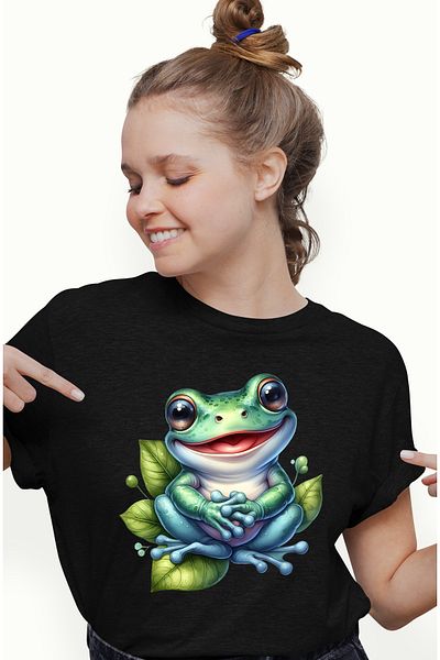StoryGift Romania Women's T-shirt with a happy frog, illustration, leaves, water, lake, puddle, happiness, BLK_L