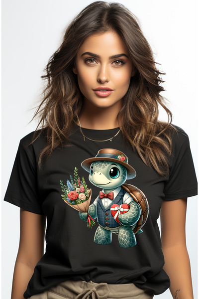 StoryGift Romania Tricou Femei cu o broasca testoasa care tine un buchet cu f...