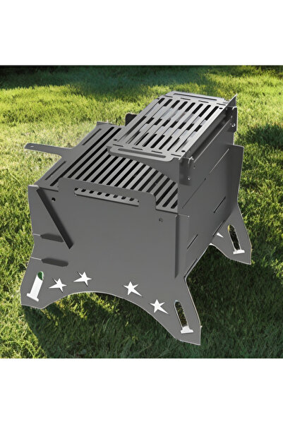 Demirrende Katlanır, Pratik Mangal. Kül Hazneli Çift Izgaralı, Çantalı, Hediyeli Katlanır Mangal