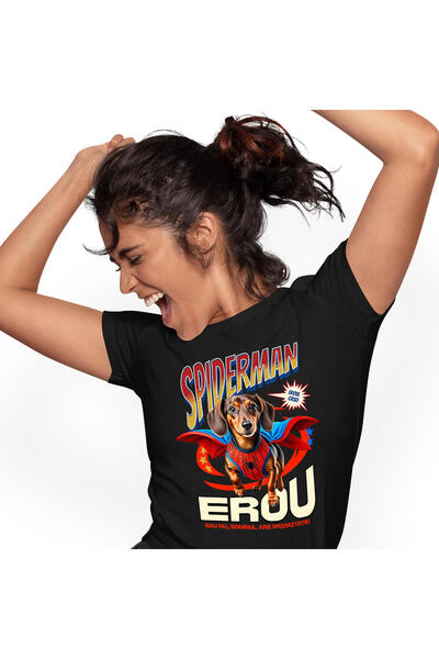 StoryGift Romania Tricou Femei cu Teckel / Dachshund Caine In Costum de SpiderMan cu Pelerina, Ero,Black_XL
