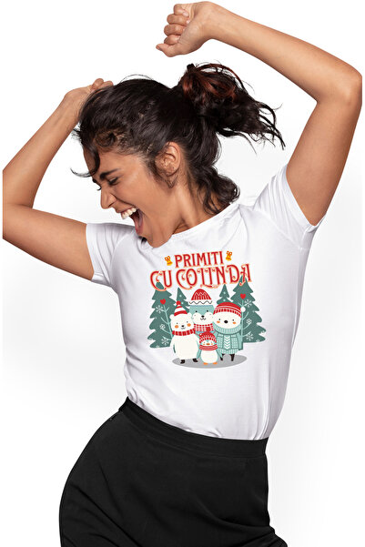 StoryGift Romania Tricou Femei primiti cu colinda om de zapada Craciun cu imp...