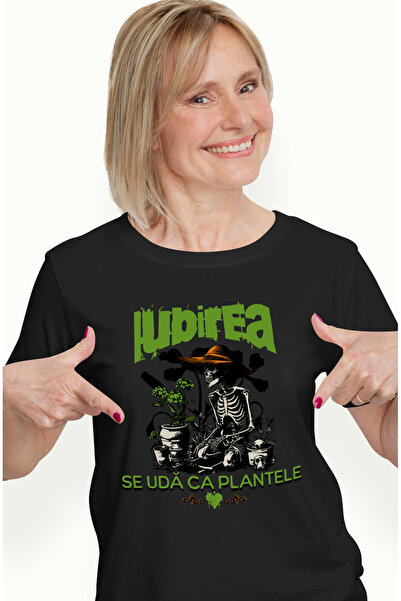 StoryGift Romania Tricou Femei schelete gradinar, iubirea se uda ca plantele cu imprimeu pe Fata, BLK_S