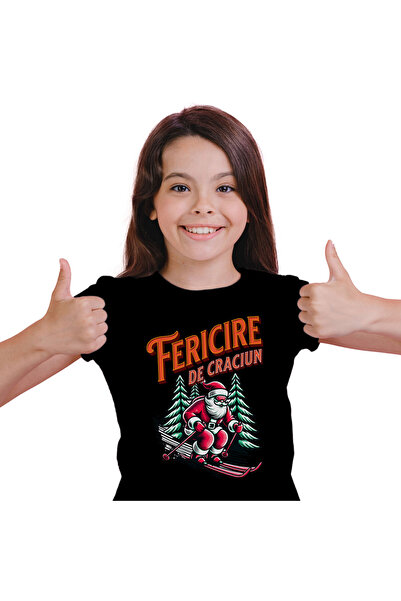 StoryGift Romania Tricou Copii cu Mos Craciun Cool Pe Schiuri,Zapada Supereroi Personaje, Padure, ,Black_4ANI