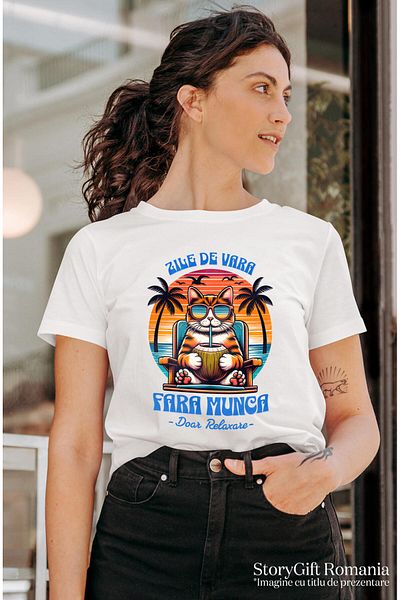 StoryGift Romania Women's T-Shirt with Orange Cat Wearing Sunglasses on a Sunbed with Walnut,White_L