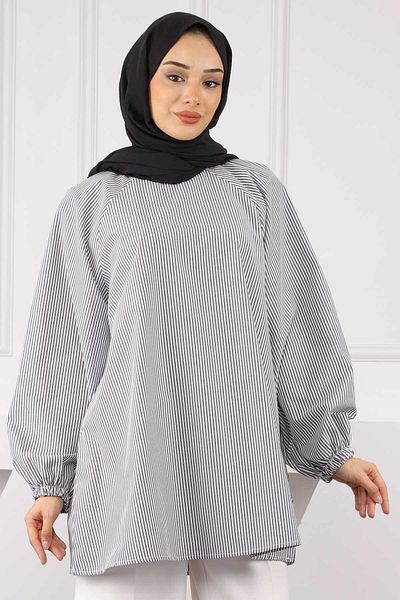 İmajButik Smoked Balloon Sleeve Striped Tunic
