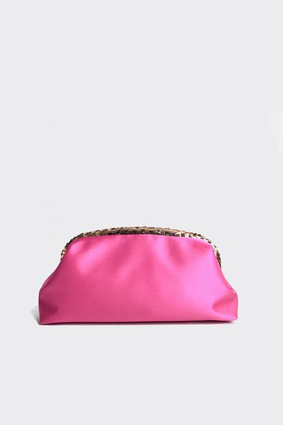 Berlesi Geantă de seară clutch cu paiete auriu din satin fucsia