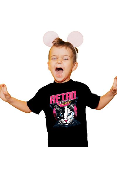 StoryGift Romania Tricou Copii cu Cap Pisica Alb Negru, Discoteca Iubitorii De Pisici cu imprimeu ,Black_6ANI