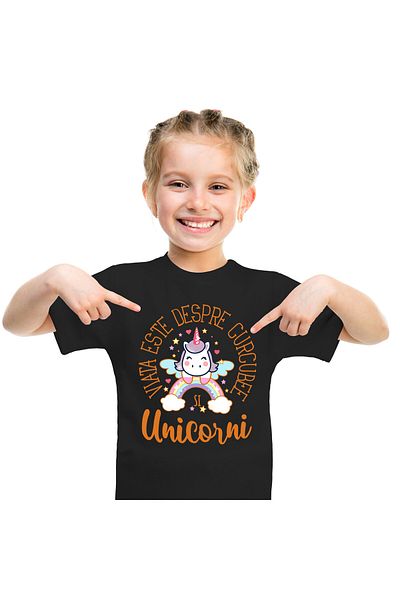 StoryGift Romania Tricou Copii cu Unicorn Pe Curcubeu Multcolor, Printese, Copii, Desene Animate c,Black_4ANI
