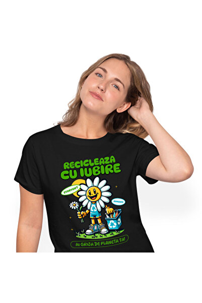 StoryGift Romania Tricou Femei cu Floare Margareta Reciclare sticle Goale Natura Poluare Verde cu ,Black_XS