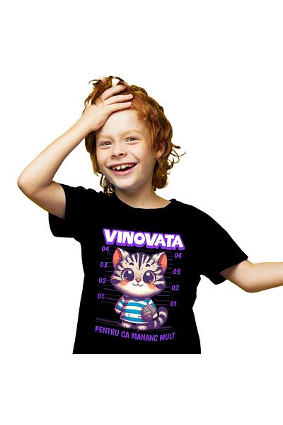 StoryGift Romania Tricou Copii cu Pisica In Dungi Cu Ghem De Lana Arestata, Iubitorii De Motani, A,Black_8ANI
