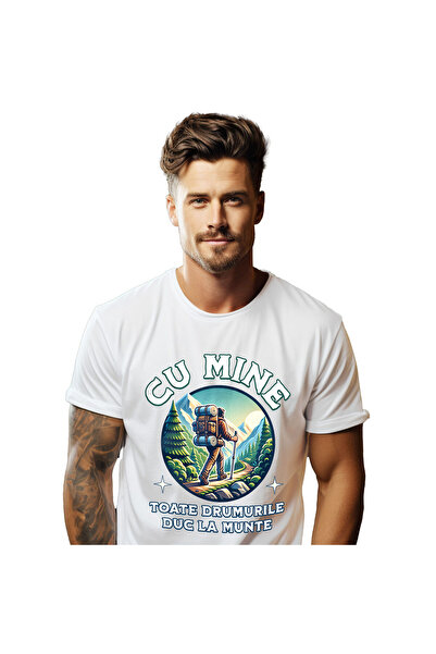 StoryGift Romania Men's T-Shirt with Man on High Mountain Path Sunset, Superhero Character,White_S