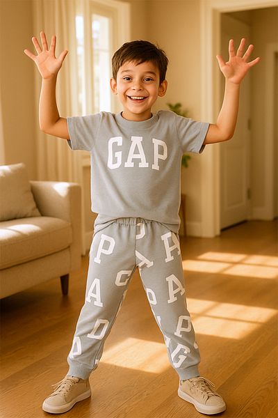 HÇM Boy's Bottom-Up Suit with Text Printed Short Sleeves