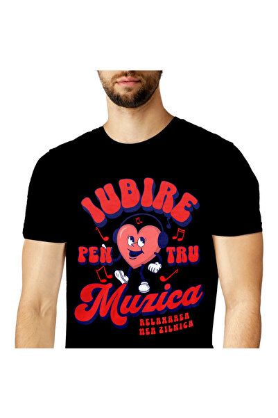 StoryGift Romania Tricou Barbati cu Inima Vesela Cu Casti Audio Dragoste Muzi...
