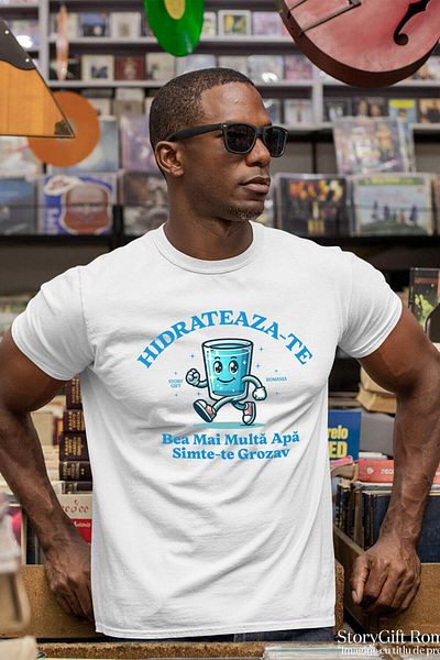 StoryGift Romania Tricou Barbati cu Pahar De Apa Cistalina Mergator Vesel, Animatie, Hidratare, Sa,White_S