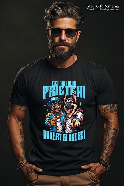 StoryGift Romania Tricou Barbati cu Caine Rottweiler Si Ciobanesc German Imbratisare Cei Mai Buni ,Black_XL
