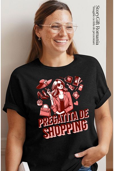 StoryGift Romania Tricou Femei cu Femeie Iubitoare De Shopping Pantofi Palarie Geanta cu imprimeu ,Black_XS
