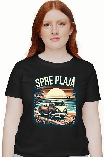 StoryGift Romania Tricou Femei spre plaja cu caravana aventura apus de soare cu imprimeu pe Fata, BLK_XS
