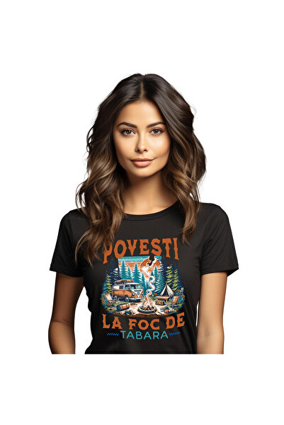 StoryGift Romania Tricou Femei cu Camping In Natura Rulota la Foc De Tabara, Aventura in Padure, A,Black_S