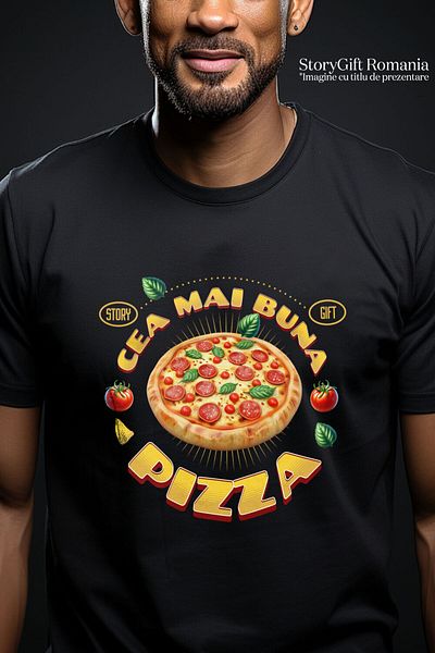 StoryGift Romania Tricou Barbati cu Pizza Imensa cu Peperoni Fast Food Mancare Pofticios cu imprim,Black_L