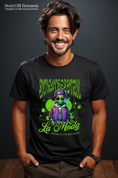 StoryGift Romania Tricou Barbati cu Extraterestru Gangster Cu Sapca In Spatiu Infinit, Jocuri Vide,Black_L