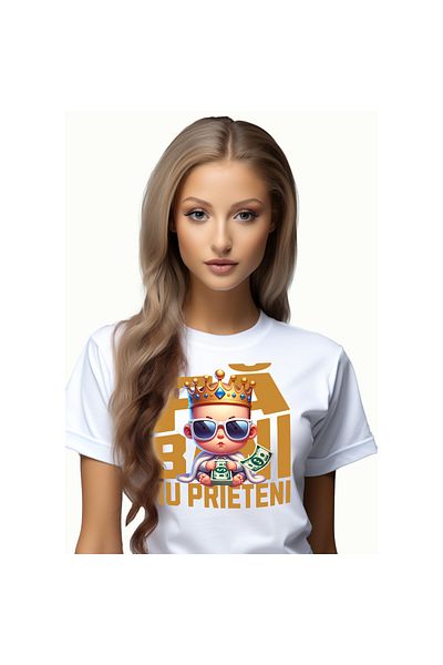 StoryGift Romania Tricou Femei cu Bebelus cu Teanc Bancnote bani, coroana si haina de blana, Milio,White_XL