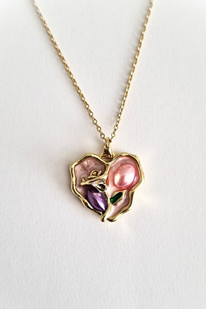 ayışığı Pink Heart Shaped Flower Necklace