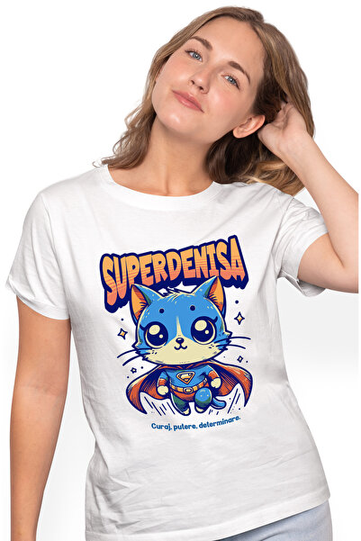 StoryGift Romania Tricou Femei Super Denisa, SuperErou, Pisica Zburand, cu im...