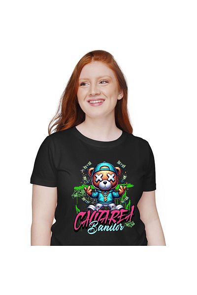 StoryGift Romania Tricou Femei cu Urs De Plus Stil Gangster Sapca Si Hanorac Colier Masiv Aur, Ban,Black_M