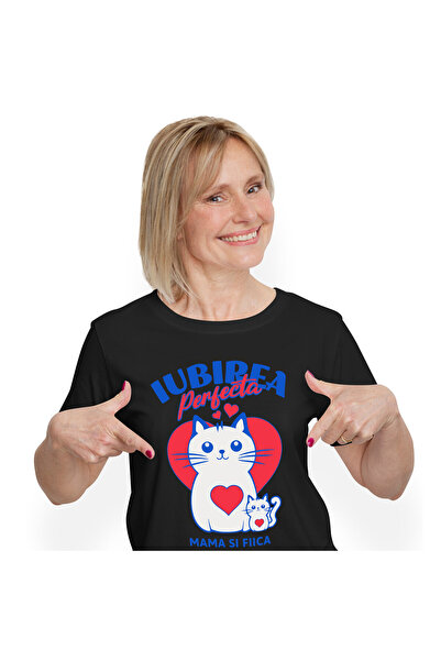 StoryGift Romania Tricou Femei cu Pisica Mama Si Pui cu inimoara Rosie Piept, Fiica Familie cu imp,Black_XL