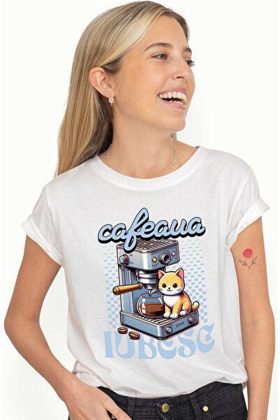 StoryGift Romania Tricou Femei Pisica pe aparat de cafea iubesc cafeaua cu im...