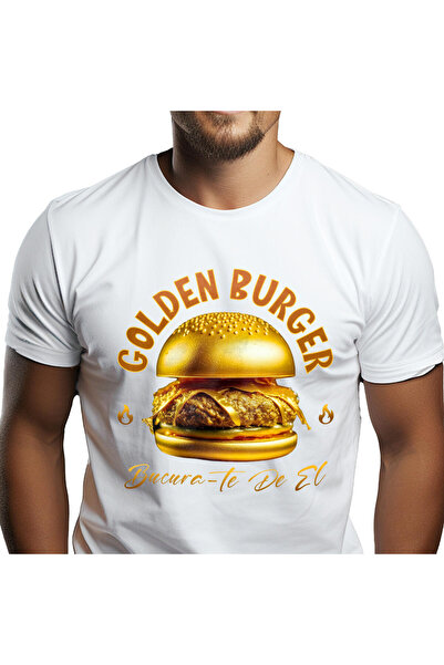 StoryGift Romania Tricou Barbati cu Burger Savuros De Aur Fast Food Mancare P...