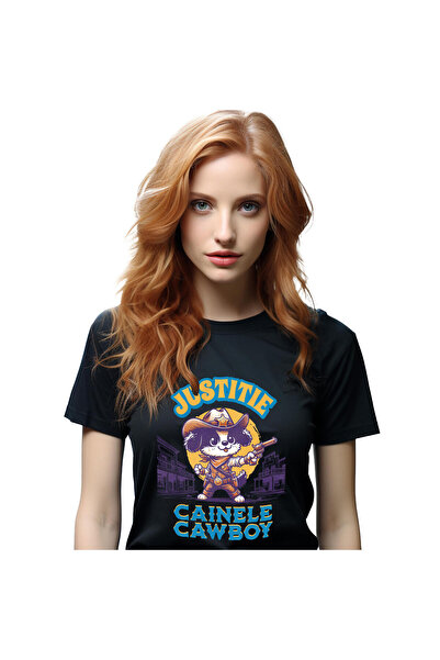 StoryGift Romania Tricou Femei cu Caine Serif Vestul Salbatic cu arma si palarie, insigna de aur c,Black_L