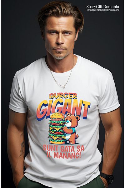 StoryGift Romania Tricou Barbati cu Urs De Plus Cu Burger Gigant Fast Food mancare Animal cu impri,White_M